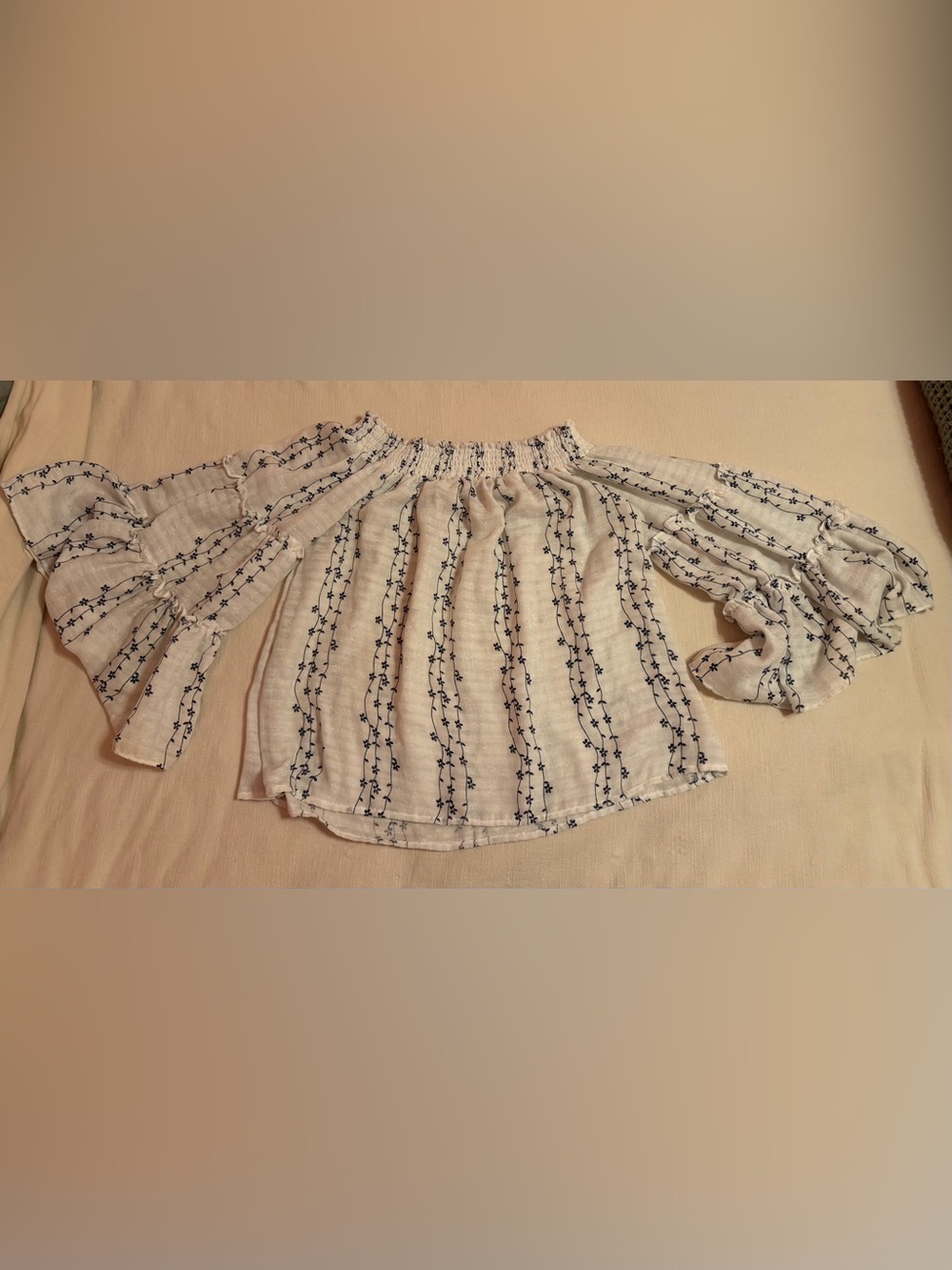 Umgee White Off-Shoulder Blouse with Navy Embroidery